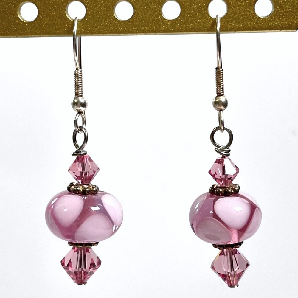 Pink Dot Art Glass Dangle Earrings Bicone Crystal Bead Artisan Silver Tone Hooks